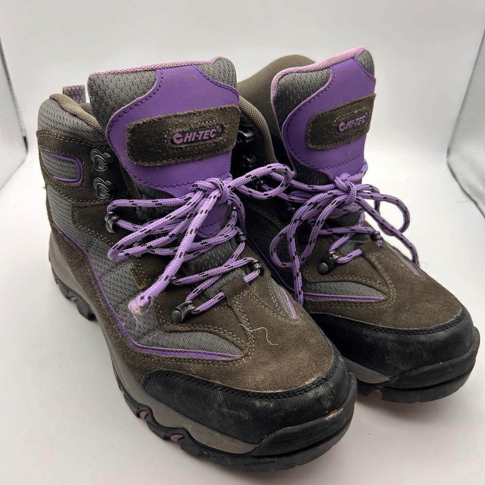 Hi-Tec 9022 Womens Hiking Boots Brown Grey Purple Leather Mesh Lace Up Size 9.5M